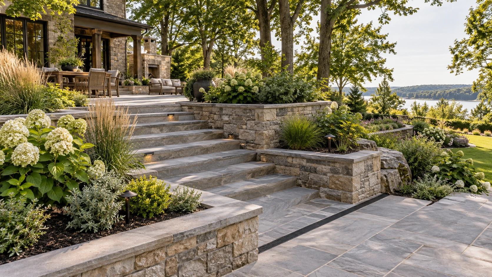 Natural stone stairs and planted retaining walls