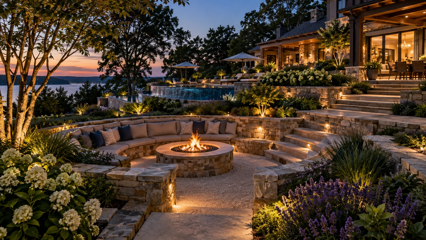 Luxury terraced outdoor living landscape at twilight