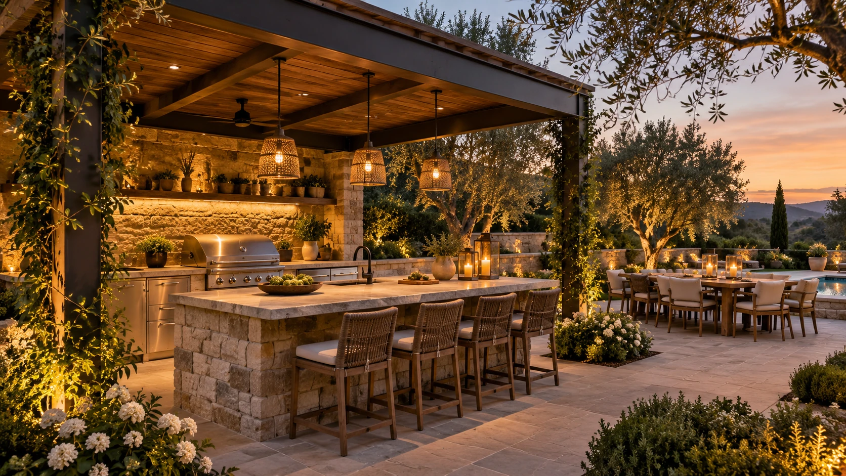 Outdoor kitchen under a pergola at dusk