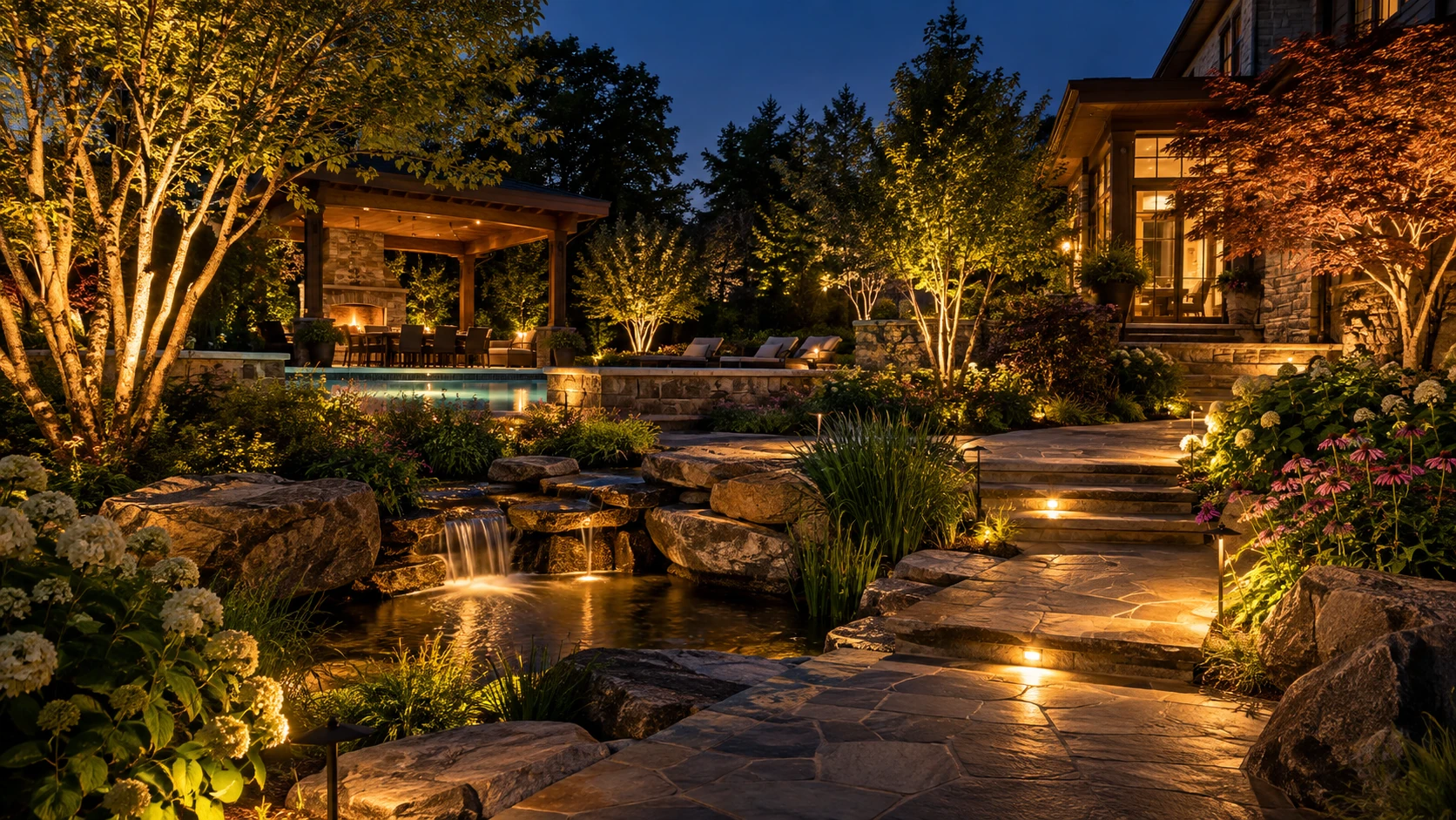 Night landscape lighting with water feature
