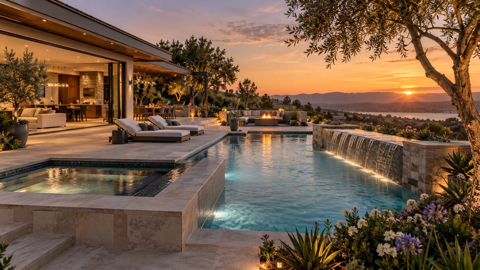 Infinity pool terrace at sunset