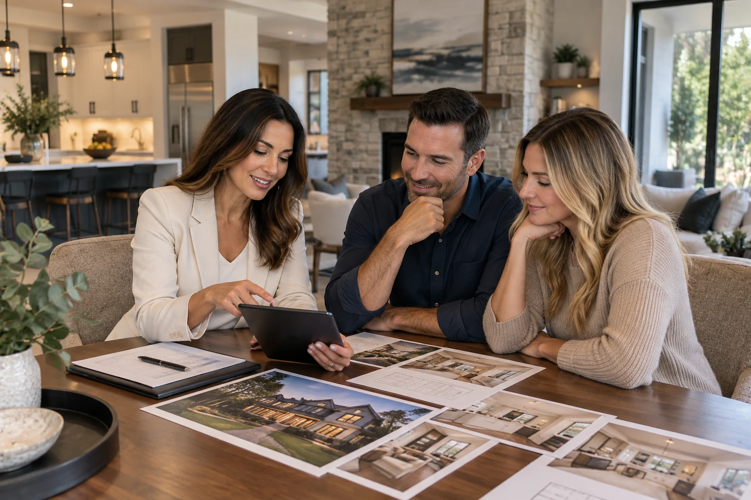 Real estate consultation reviewing property materials
