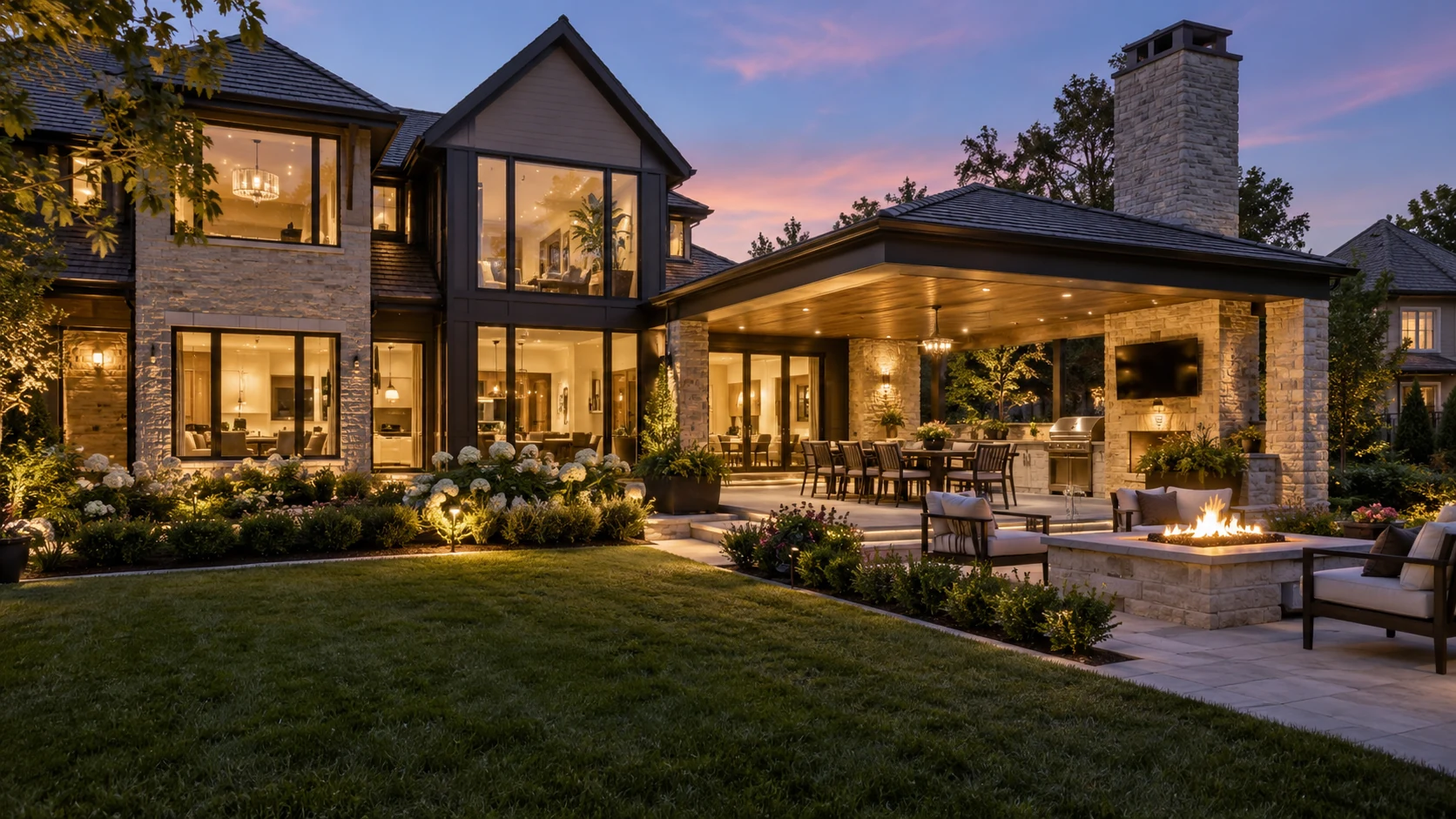 Luxury home addition at twilight