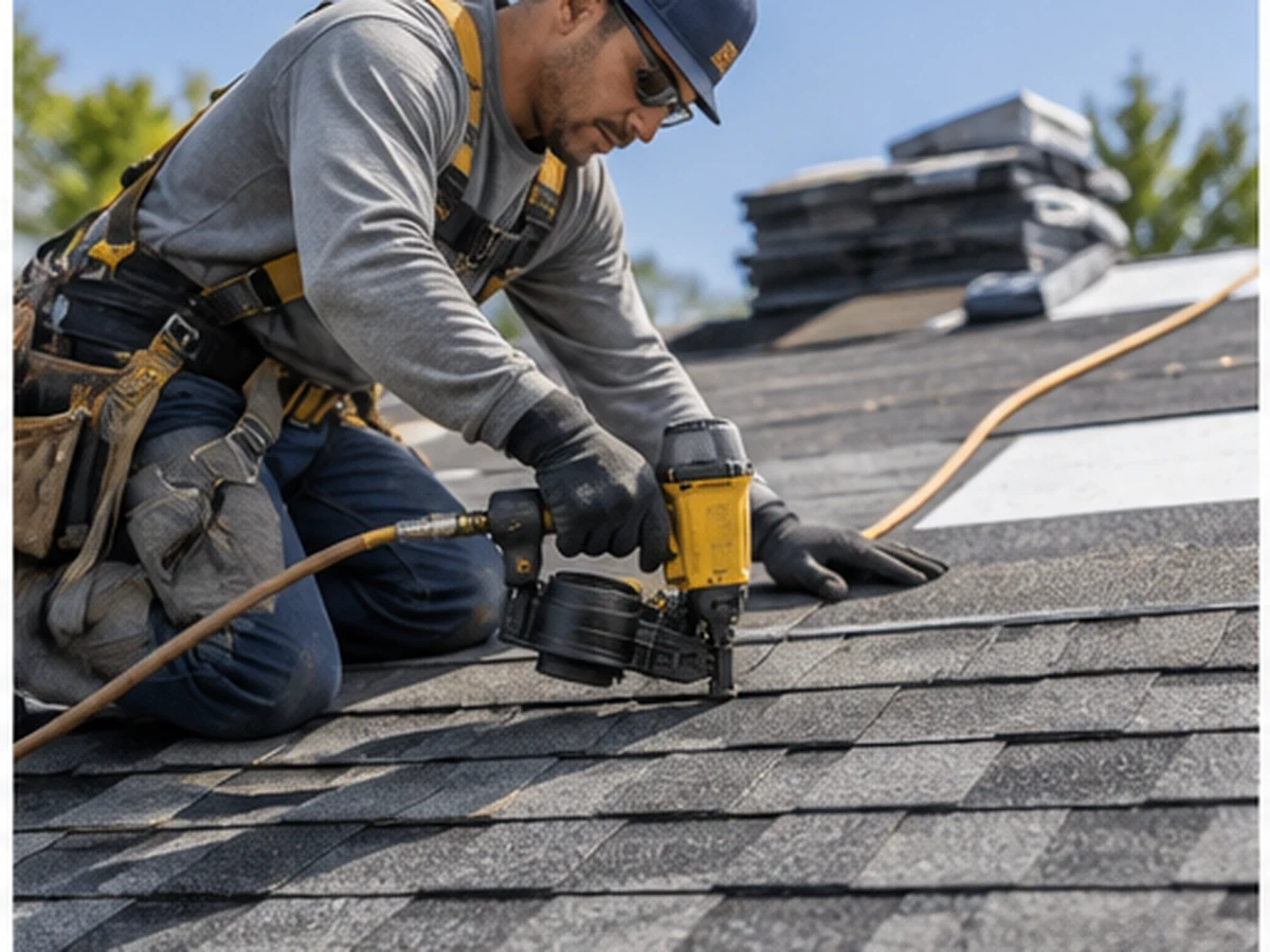 Roofer installing asphalt shingles on a residential roof