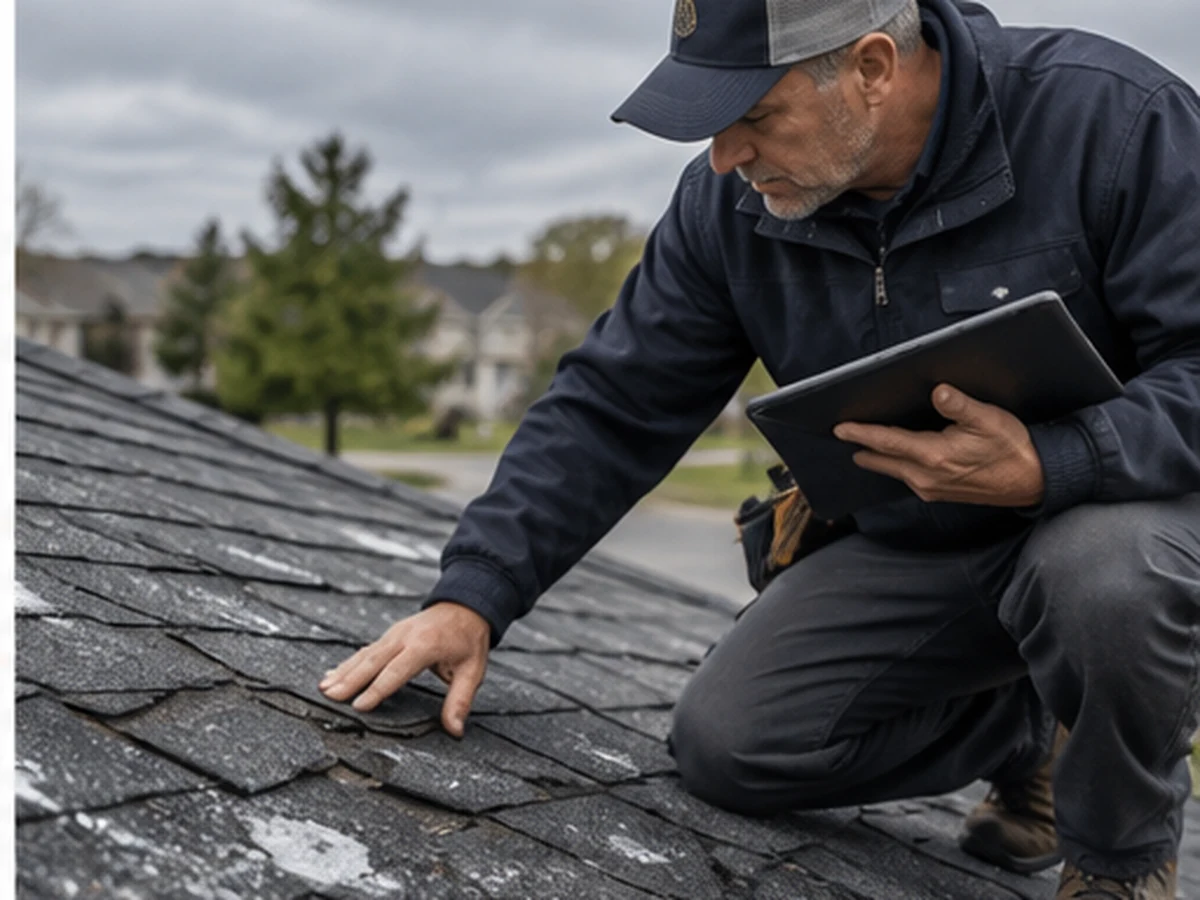 Roofing professional inspecting storm damage